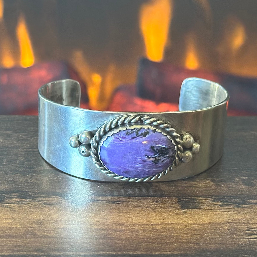 Navajo James Toadlena Charoite Sterling Raindrop Twist Wire Cuff