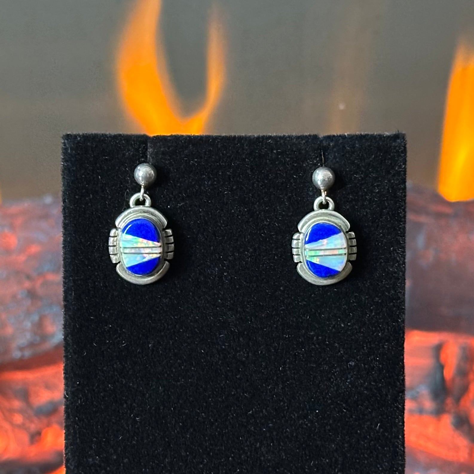 NJ Signed Lapis Opal Oval Sterling Inlay Dangle Earrings