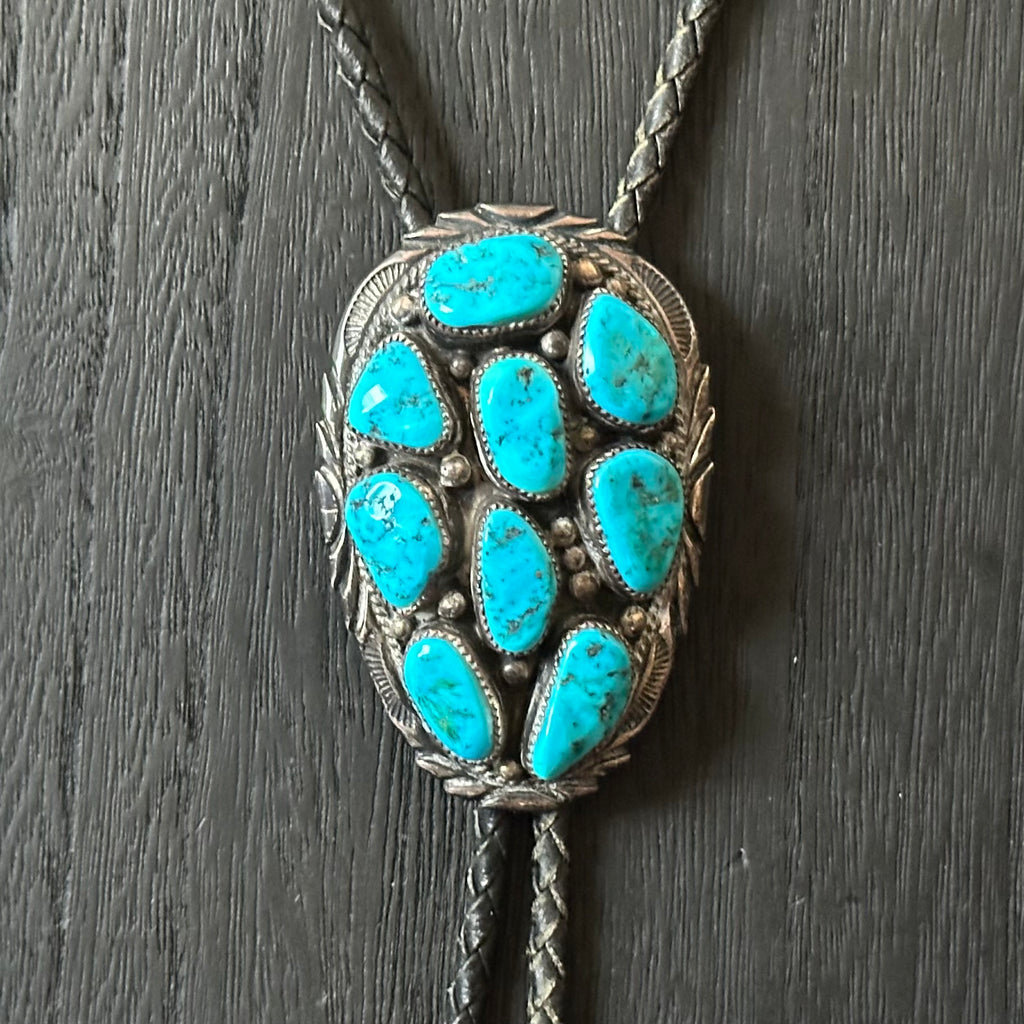 Turquoise Sterling 9 Stone Cluster Hand Stamped Bolo Tie