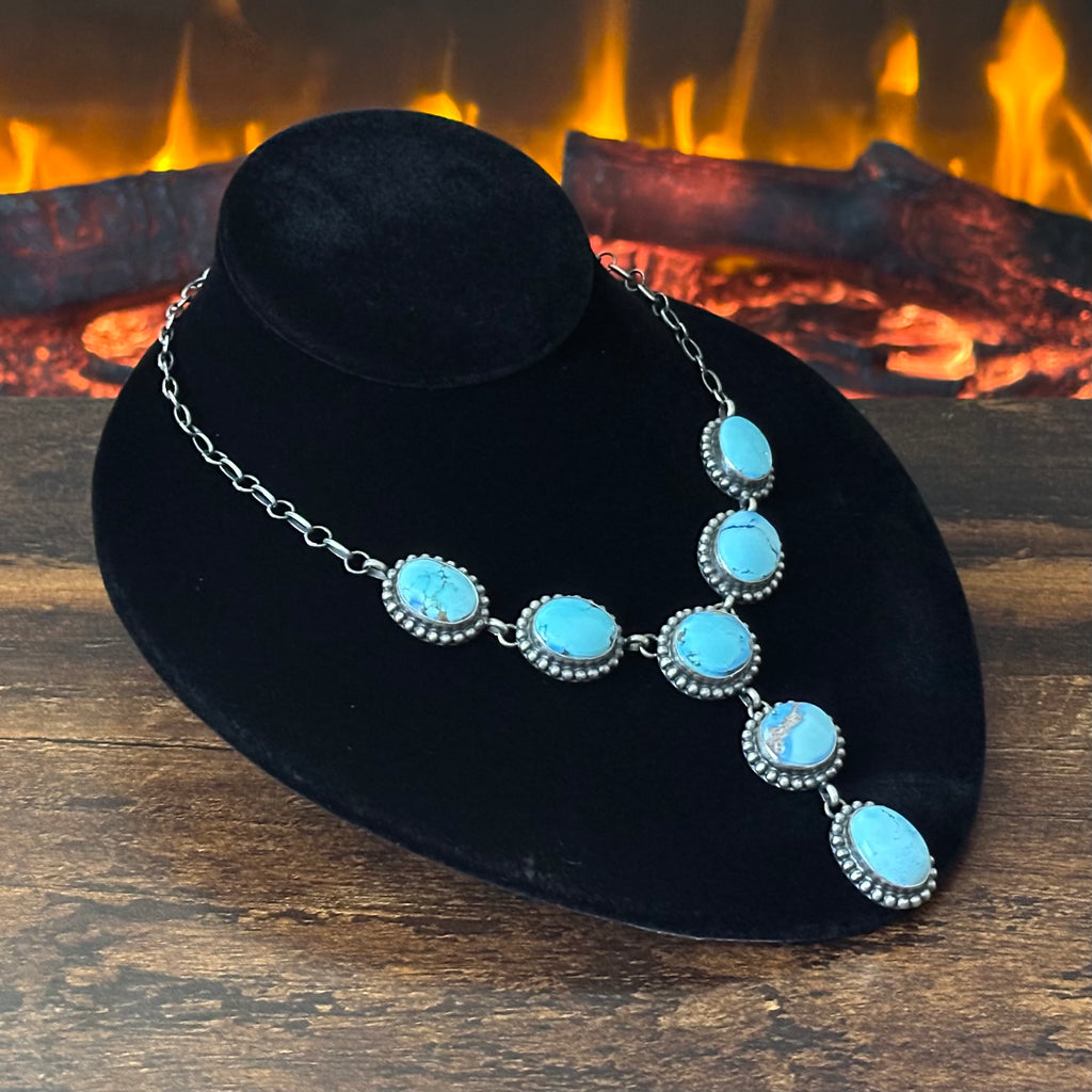 Navajo Mary Spencer Golden Hills Turquoise 7 Stone Sterling Lariat Necklace