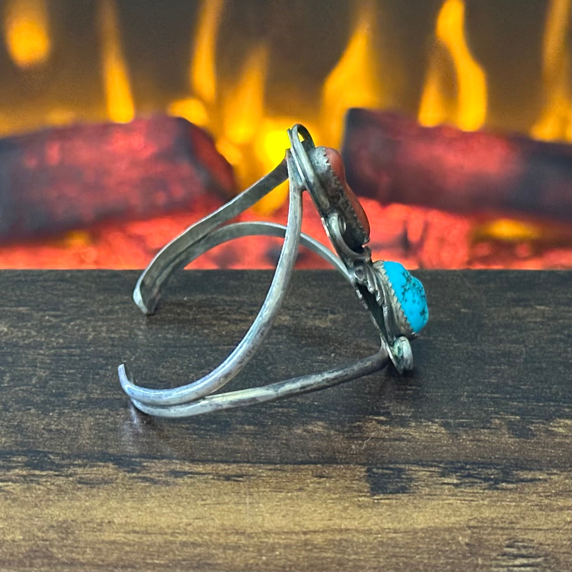 Vintage Turquoise Red Coral Sterling Statement Cuff
