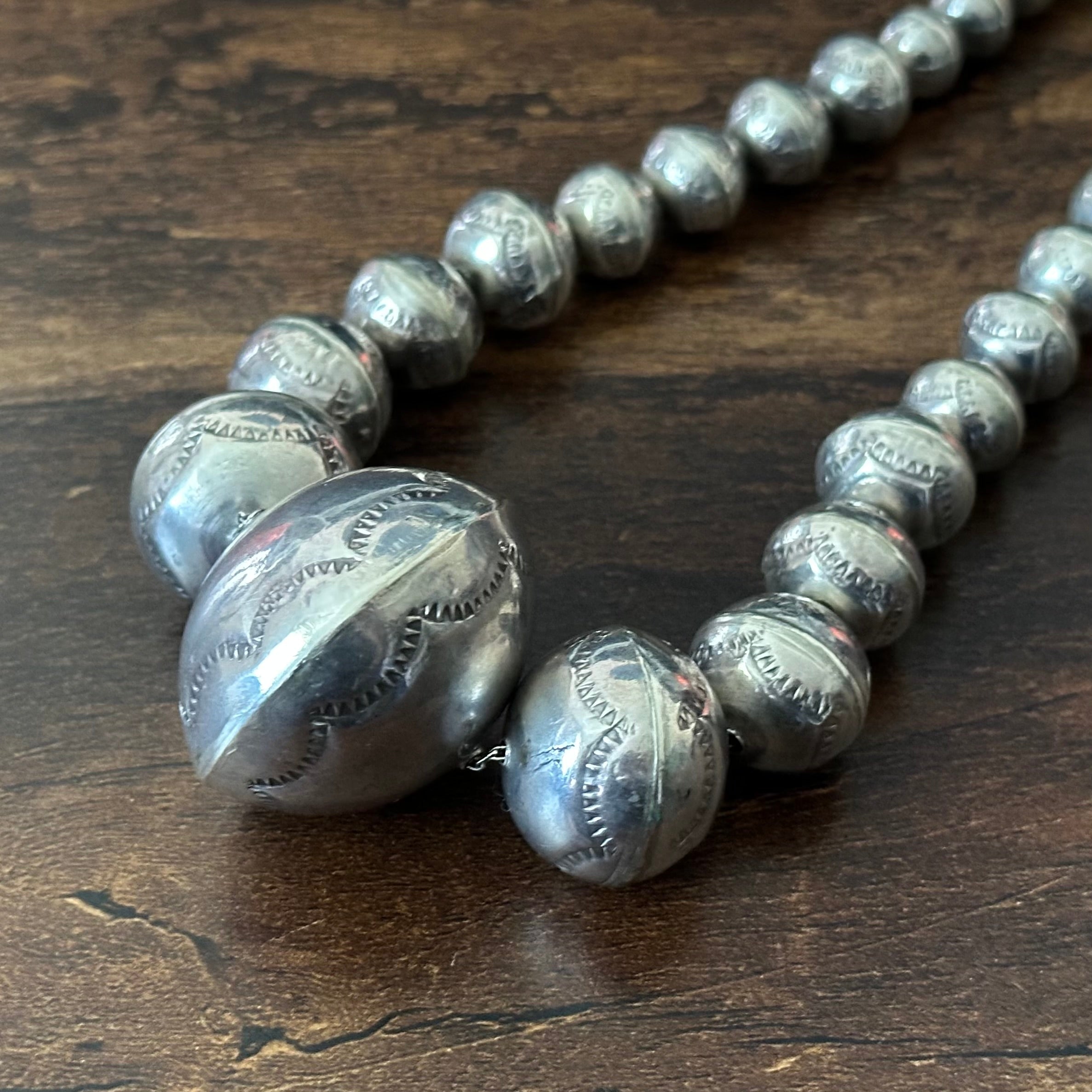 Handmade Graduated Stamped Sterling Pearl Necklace