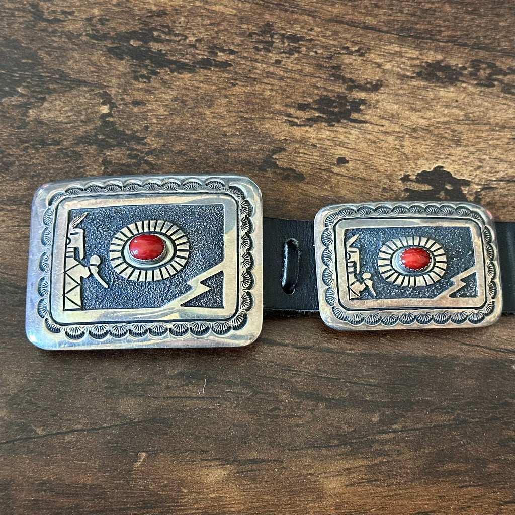 Navajo Jerome Begay 1984 Red Coral 11 Concho Sterling Overlay Hand Stamped Belt Pendant Set