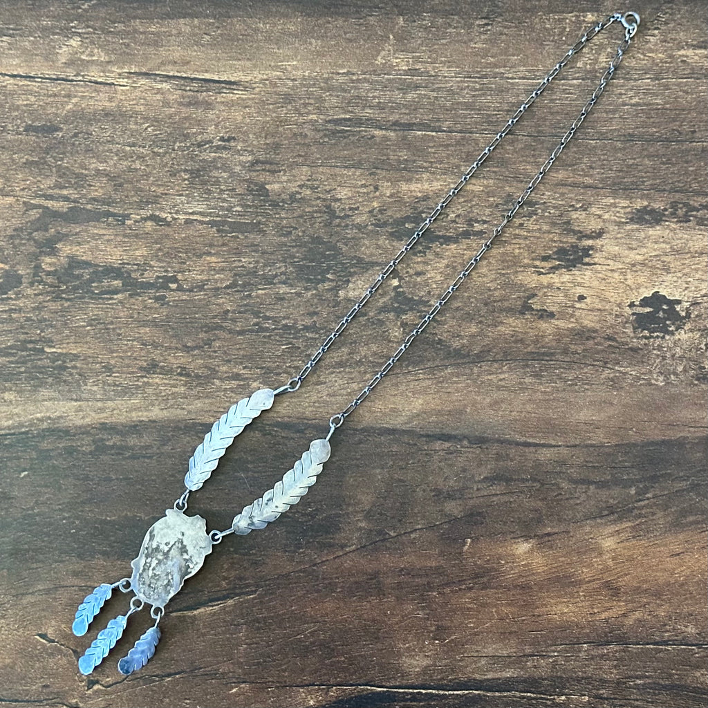 Vintage Onyx Sterling Floral Feather Necklace