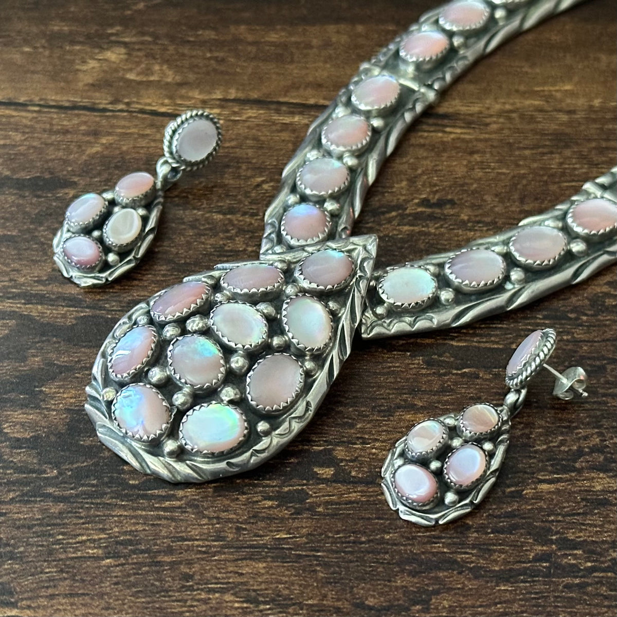 TT Signed Pink Mother of Pearl 26 Stone Sterling Teardrop Cluster Statement Necklace Earring Set