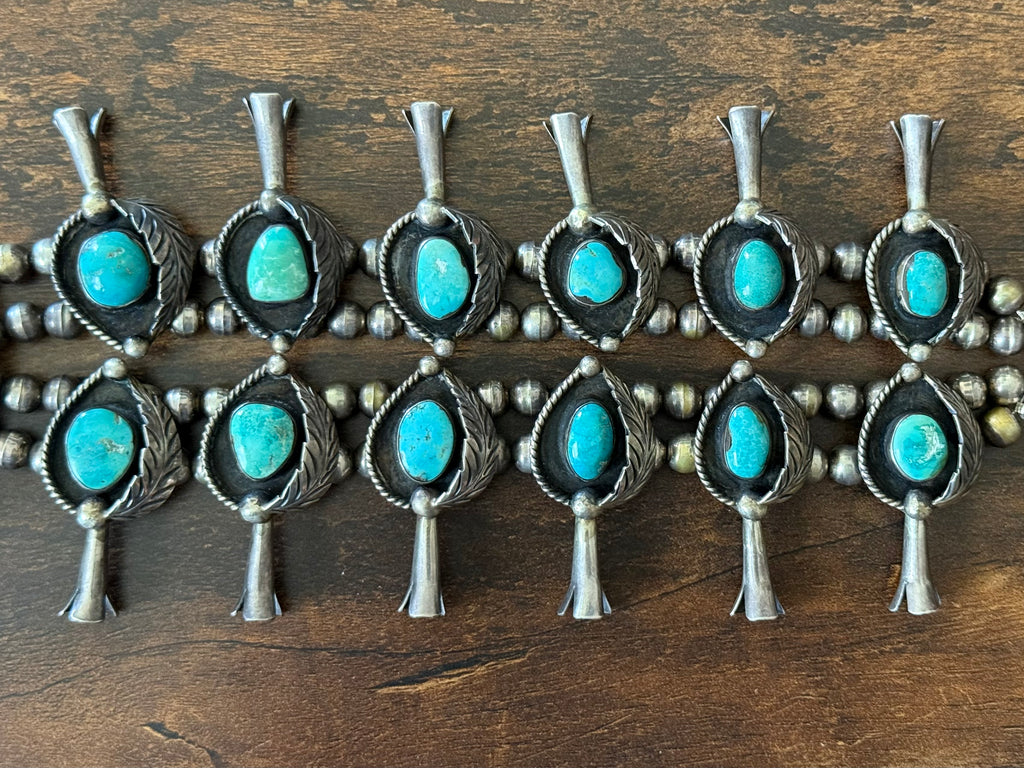 1970-80s Turquoise 20 Stone Sterling Leaf Shadowbox Squash Blossom