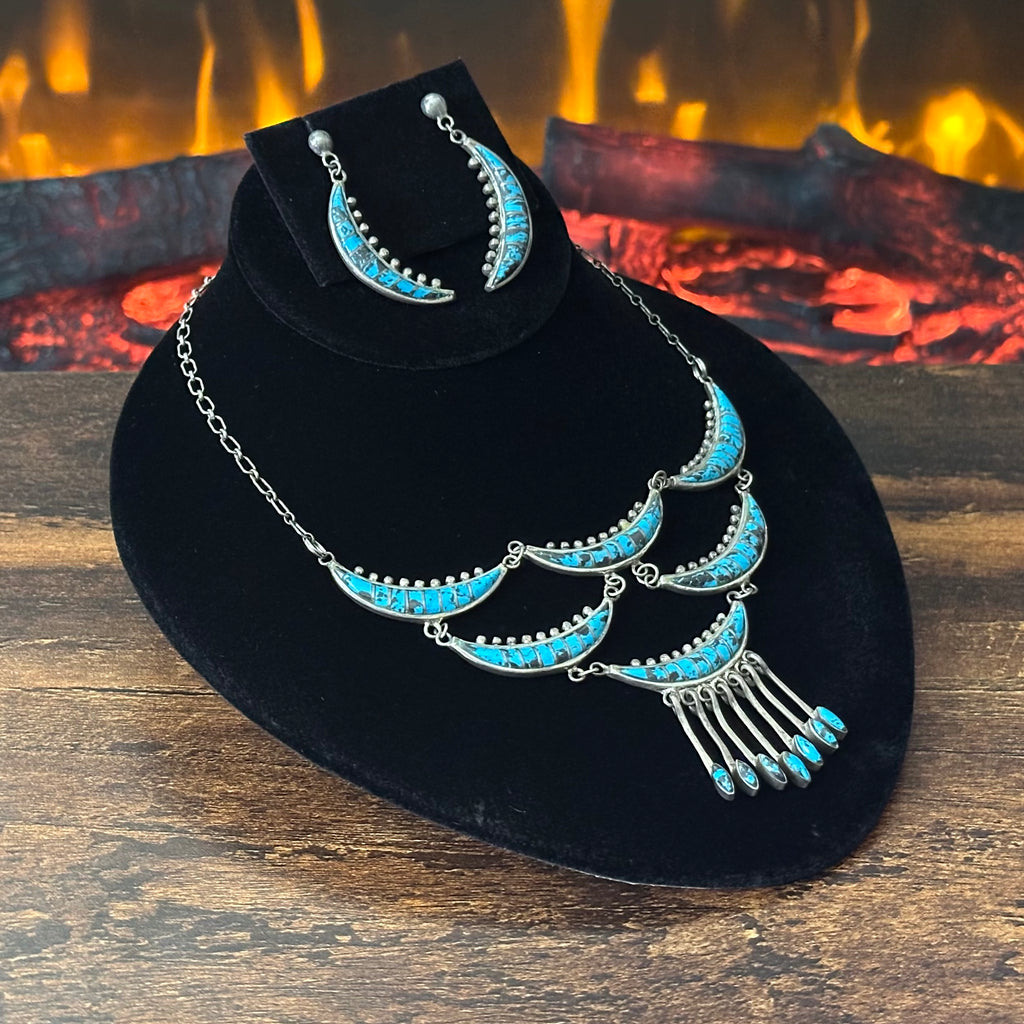 Vintage Turquoise Sterling Crescent Inlay Statement Necklace Earrings Set