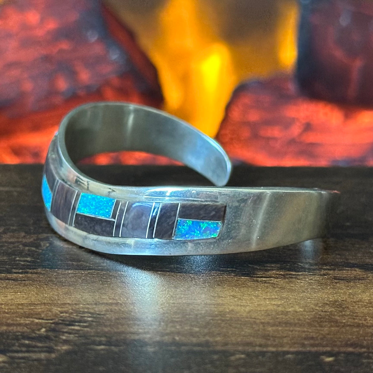 Jay Jay Signed Jasper Opal Sterling Geometric Inlay Cuff