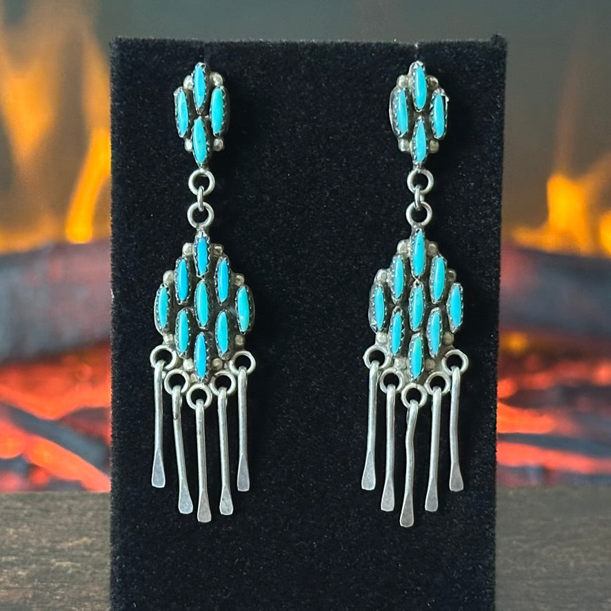 Turquoise 26 Stone Sterling Needlepoint Tassel Dangle Earrings