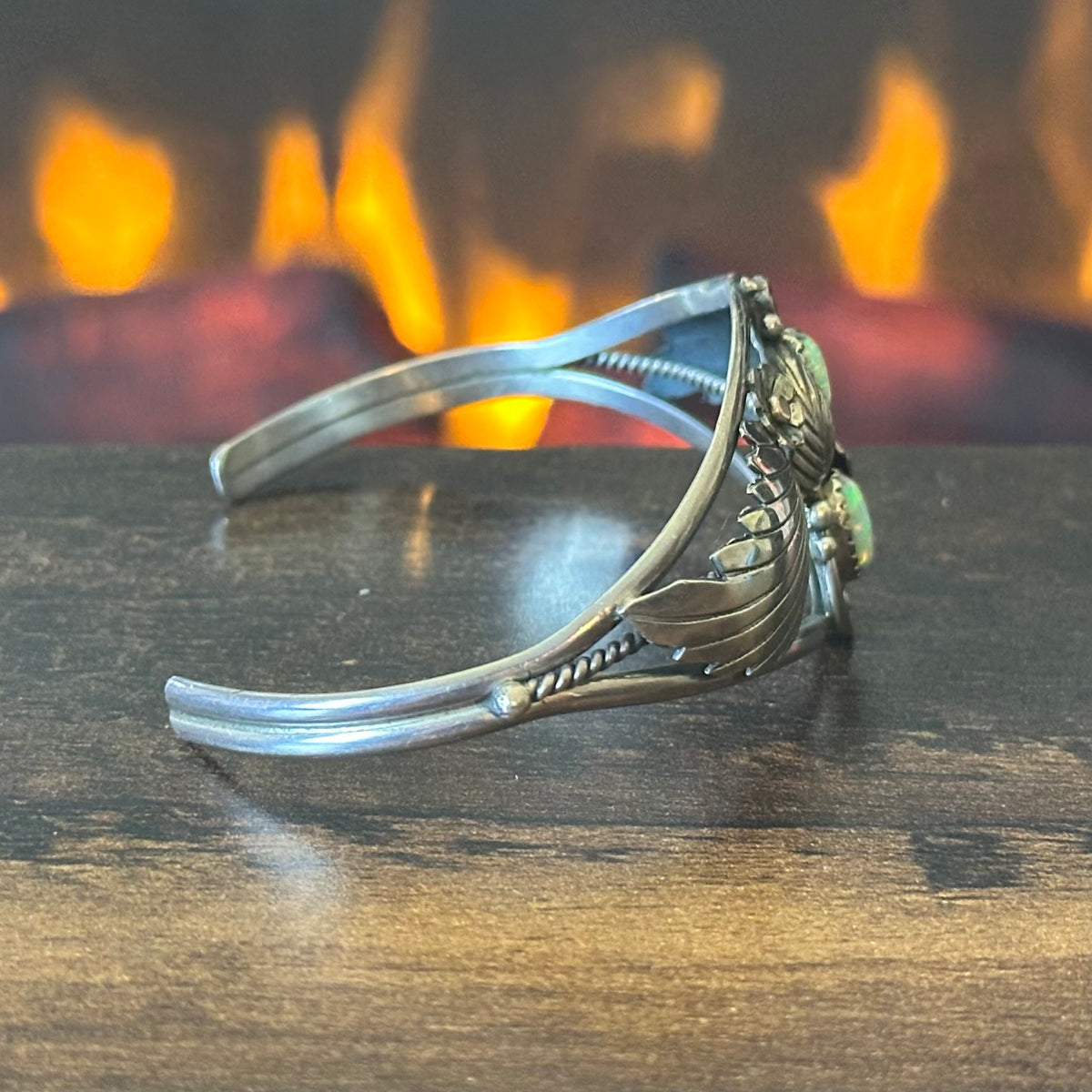 Opal Sterling Twist Wire Ornate Floral Cuff