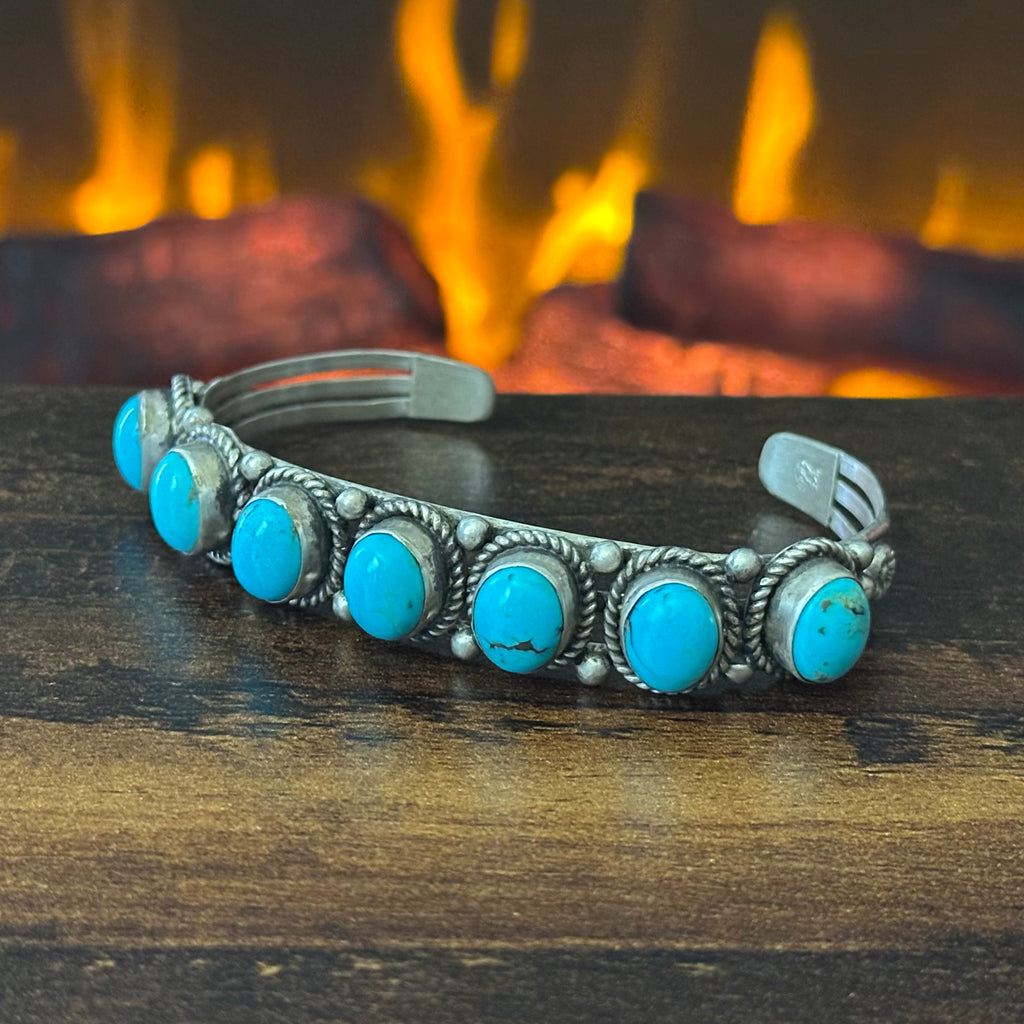 Running Bear Trading Turquoise 7 Stone Sterling Twist Wire Bezel Raindrop Cuff