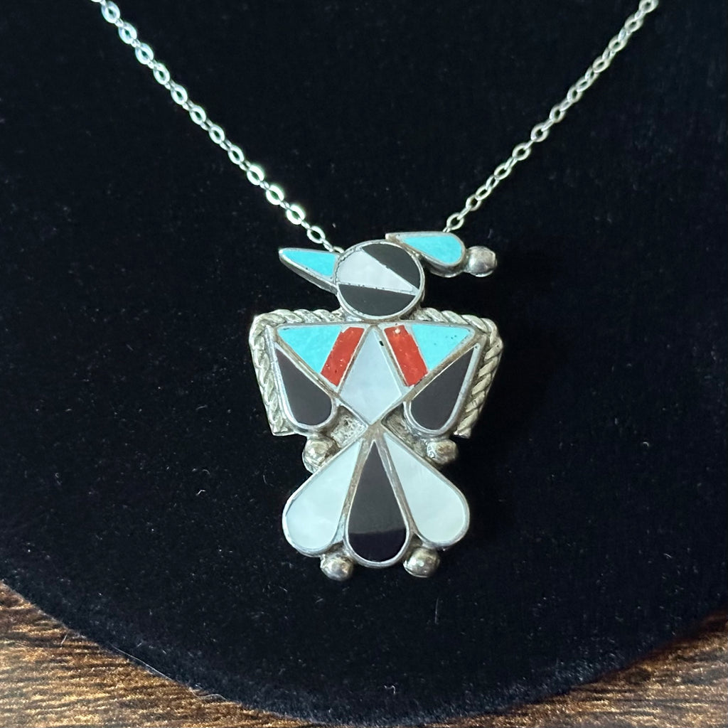 Turquoise Red Coral Mother of Pearl Jet Sterling Peyote Bird Inlay Pendant/Pin Necklace