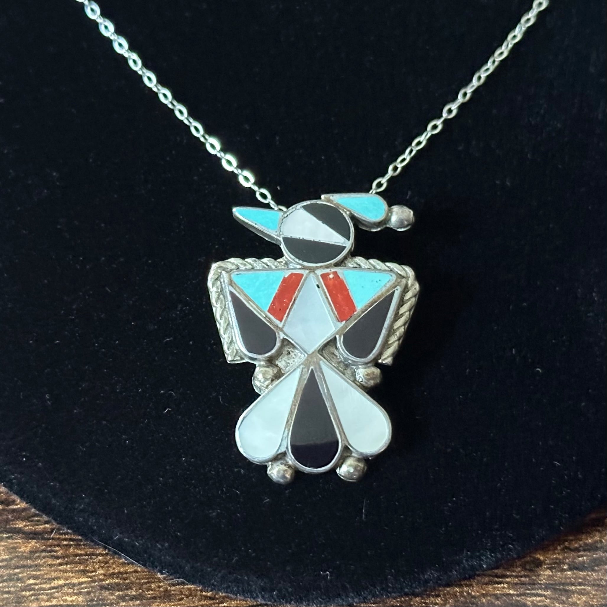 Turquoise Red Coral Mother of Pearl Jet Sterling Peyote Bird Inlay Pendant/Pin Necklace