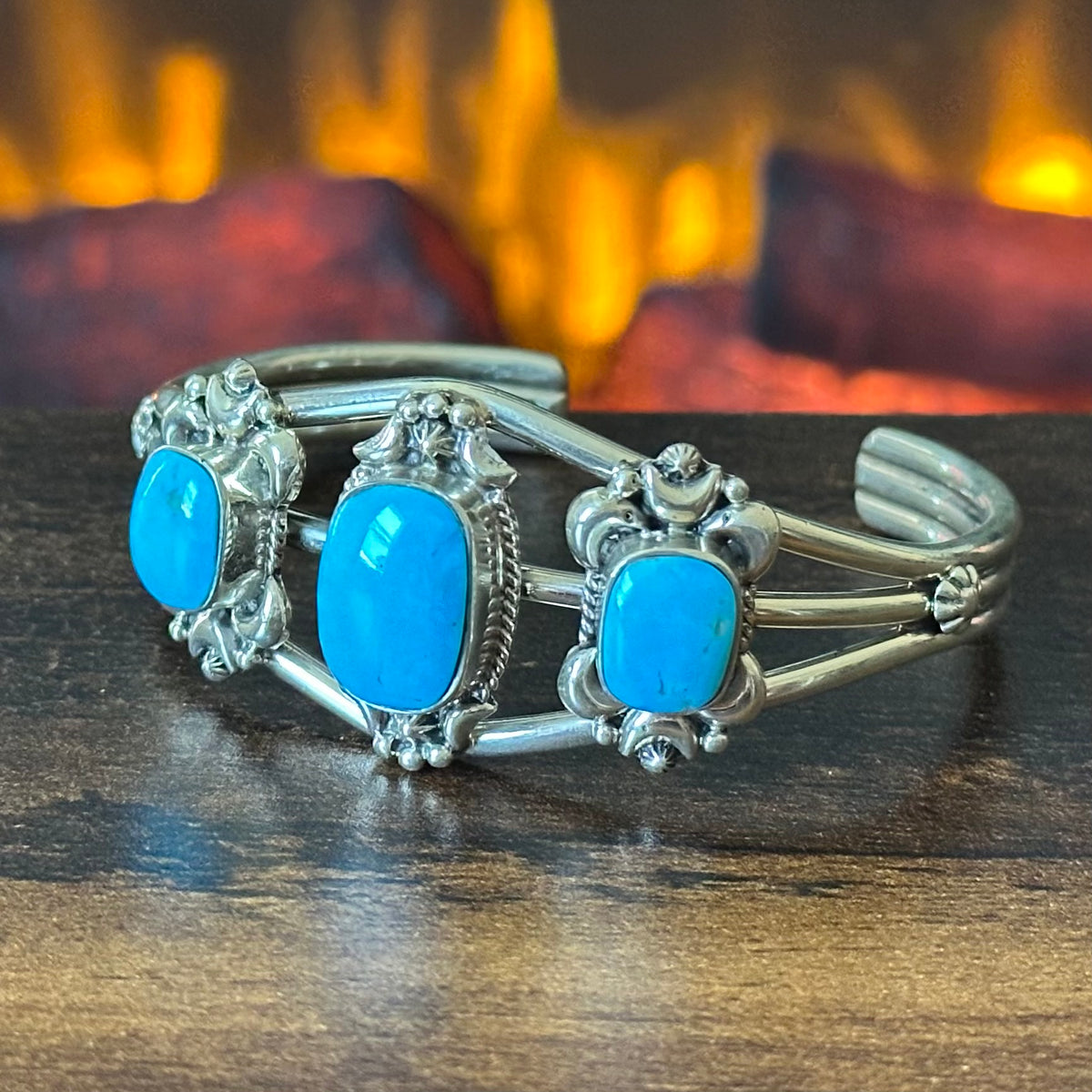 Running Bear Trading Turquoise 3 Stone Twist Wire Bezel Cuff
