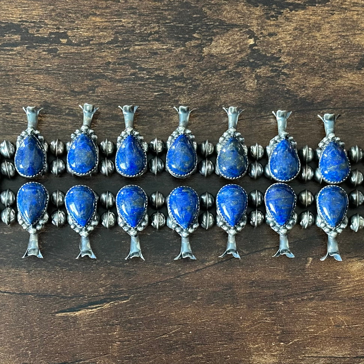 Navajo Phil & Lenora Garcia Lapis 23 Stone Sterling Raindrop Squash Blossom Earrings Set