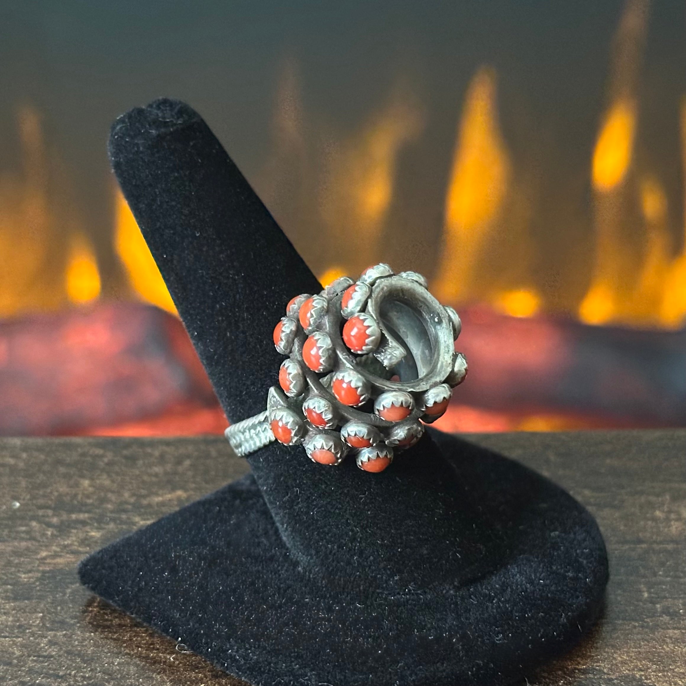 Vintage Red Coral 30 Stone Spiral Snake Eye Spiral Ring