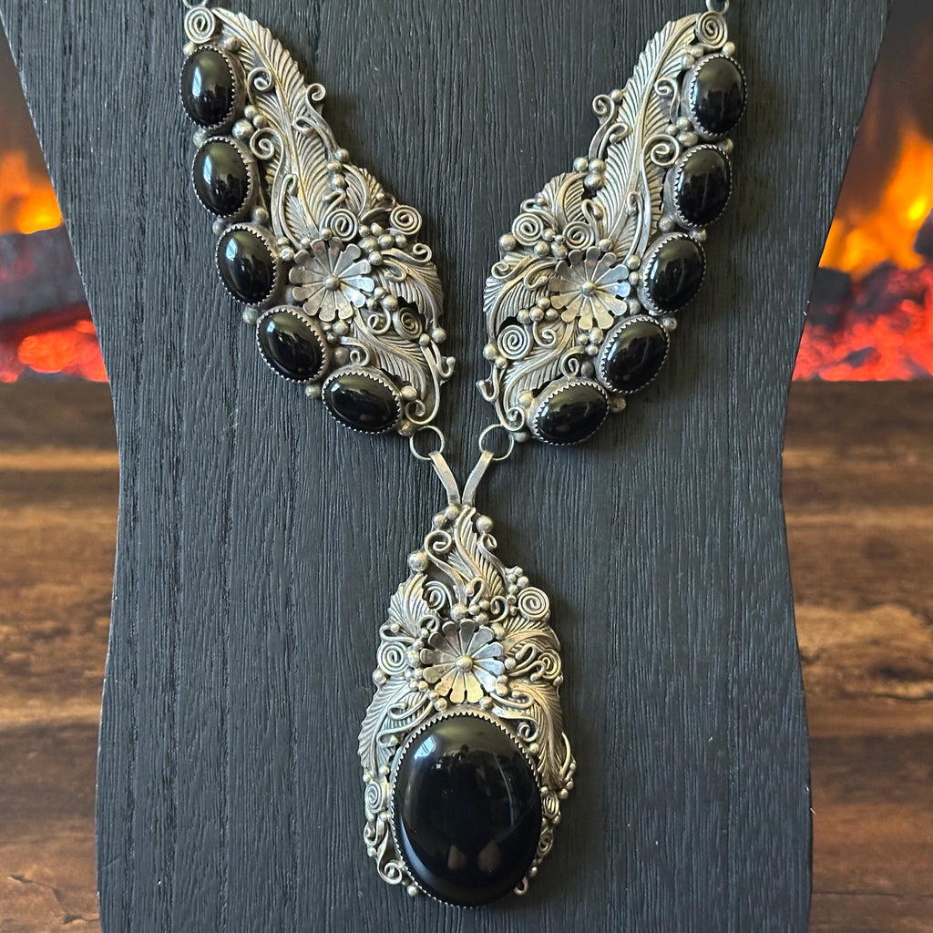 Onyx 11 Stone Sterling Floral Feather Ornate Statement Necklace