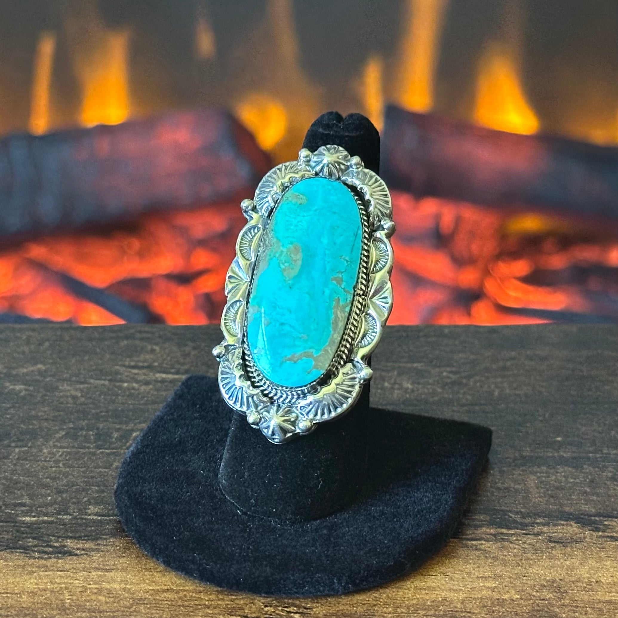 Running Bear Trading Turquoise Sterling Hand Stamped Twist Wire Bezel Statement Ring