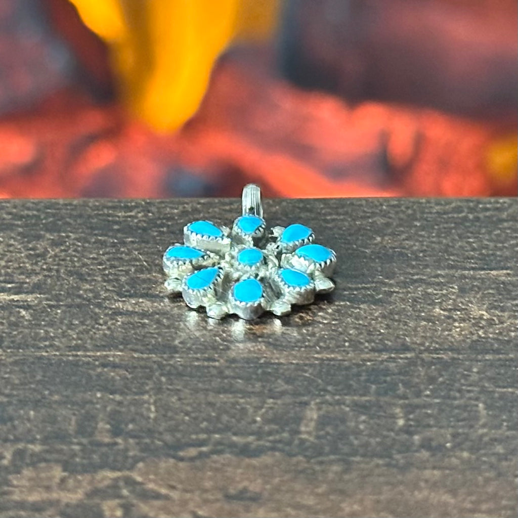 Turquoise 9 Stone Sterling Petite Point Twist Wire Bezel Floral Raindrop Pendant