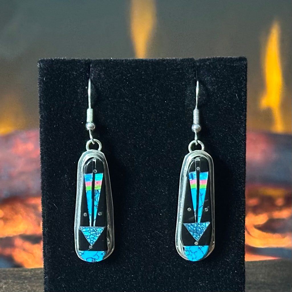 Navajo Gilbert Smith Turquoise Onyx Opal Spiny Oyster Gaspeite Sterling Micro Inlay Dangle Earrings