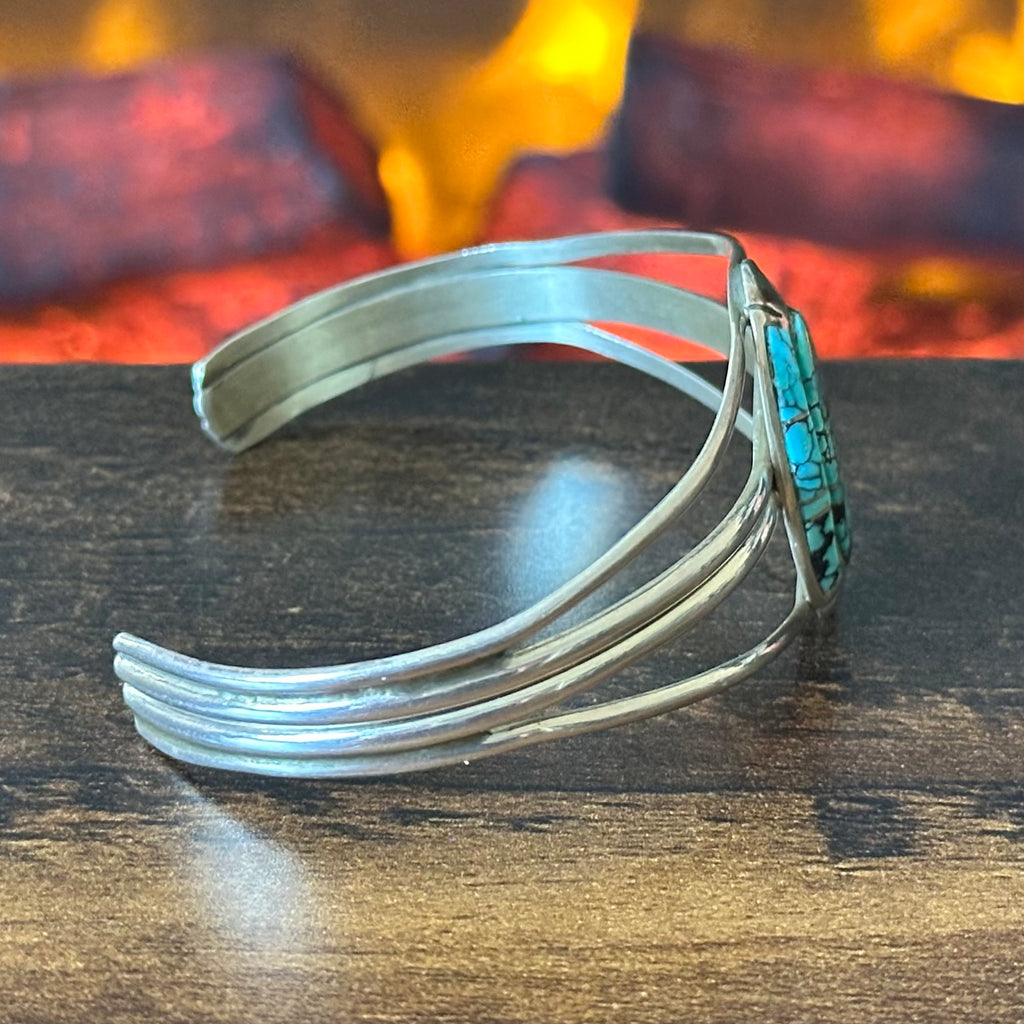 Navajo Aaron Johnson Webbed Turquoise Sterling Hand Stamped Oval Inlay Cuff