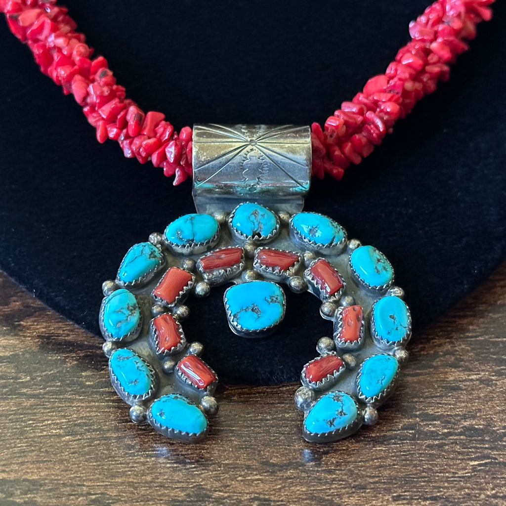 Running Bear Trading Turquoise Red Coral 20 Stone Sterling Triple Strand Hand Stamped Naja Pendant Necklace
