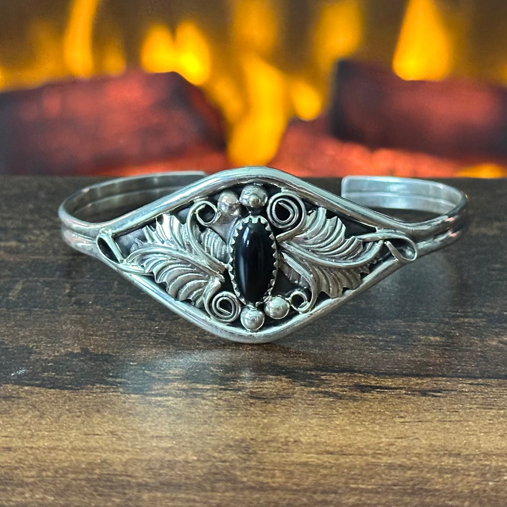 Navajo Harry B Yazzie Onyx Sterling Ornate Leaf Cuff