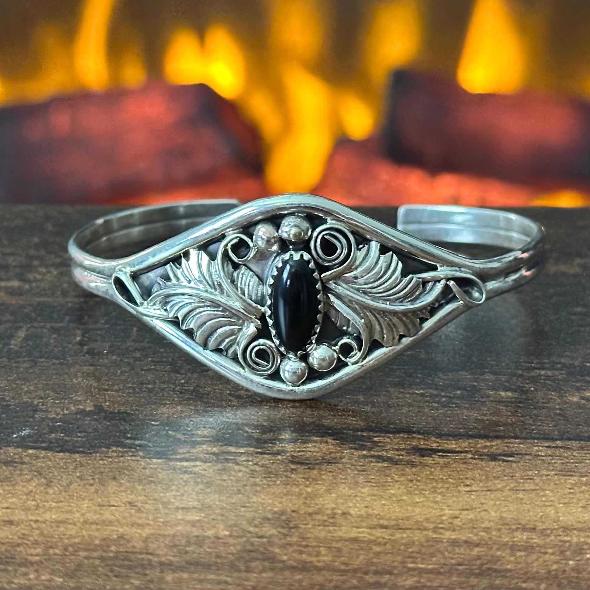 Navajo Harry B Yazzie Onyx Sterling Ornate Leaf Cuff