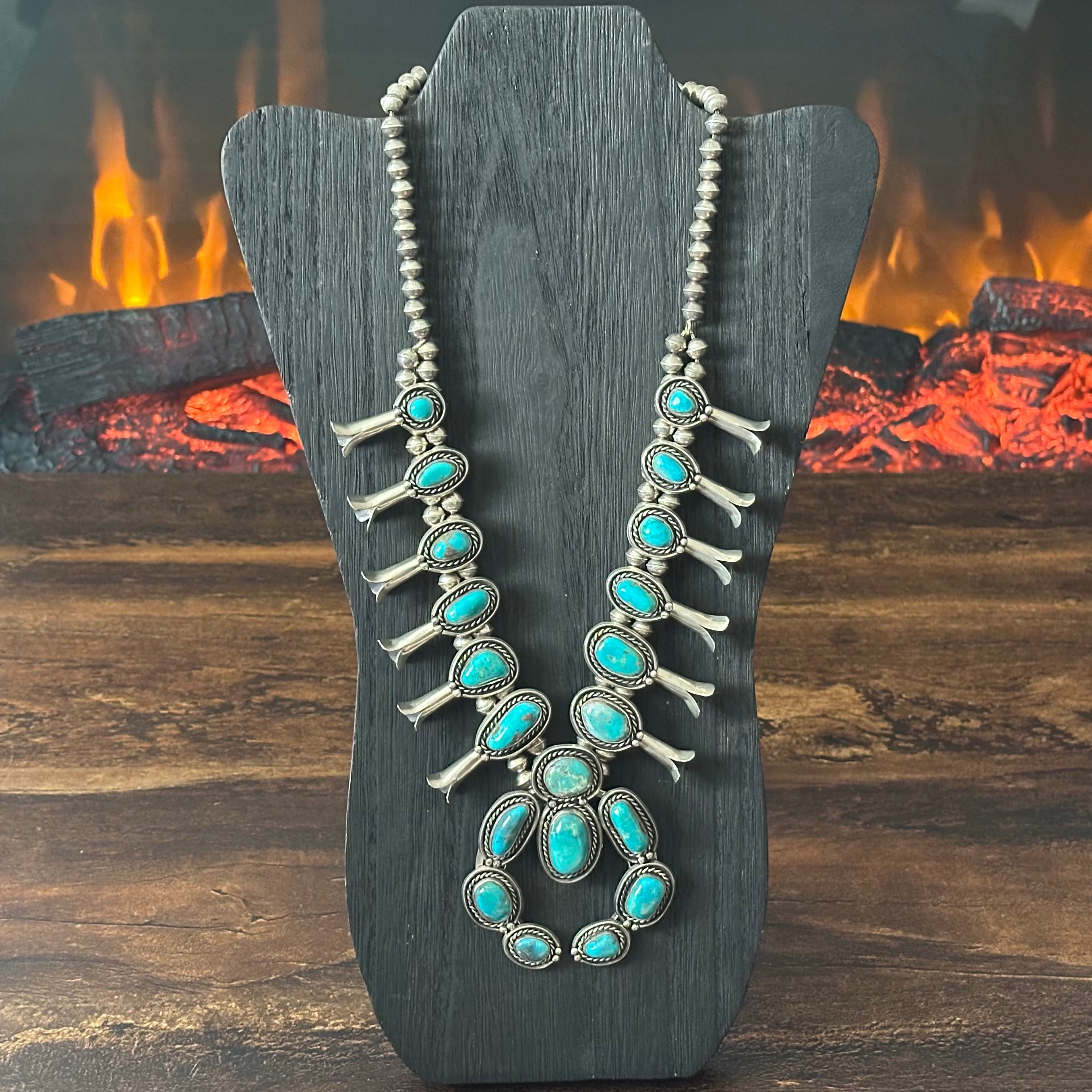 Turquoise 20 Stone Sterling Handmade Bead Twist Wire Bezel Squash Blossom