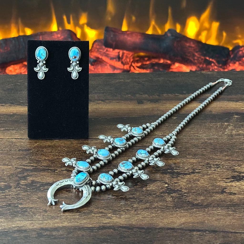 Navajo Adrienne Gordon Golden Hills Turquoise 9 Stone Sterling Hand Stamped Squash Blossom Necklace Earrings Set