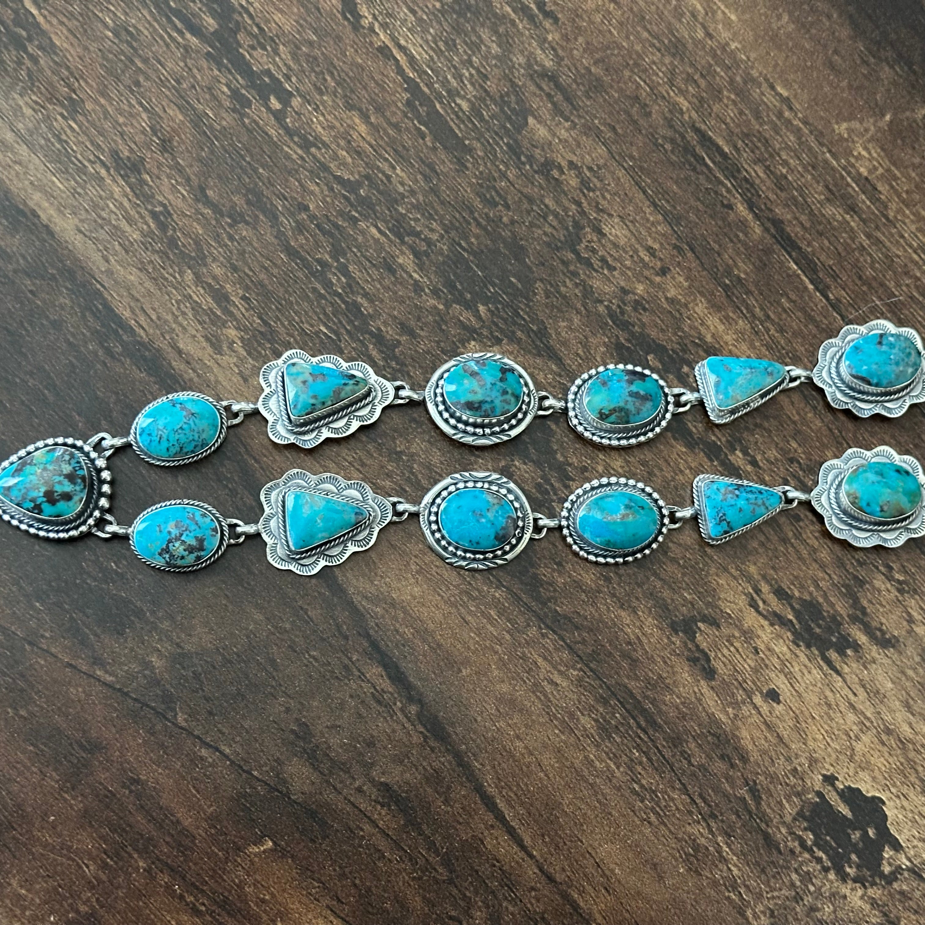 Running Bear Trading Turquoise 18 Stone Sterling Hand Stamped Twist Wire Naja Statement Necklace