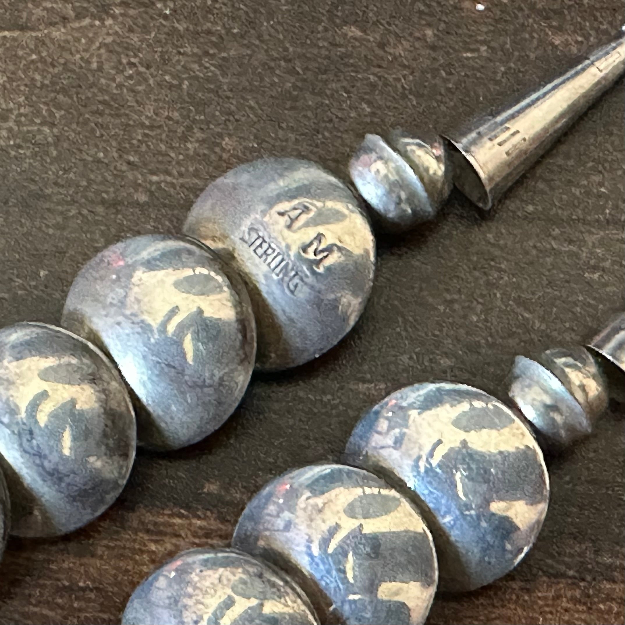 AM Signed Reversible Sterling Fleur De Lis Hand Stamped Pillow Bead Necklace Earrings Set