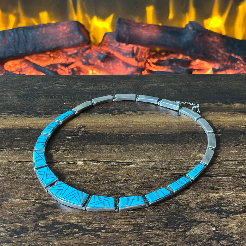 Navajo Pamela Daniels TSF Turquoise Sterling Hinged Geometric Inlay Necklace