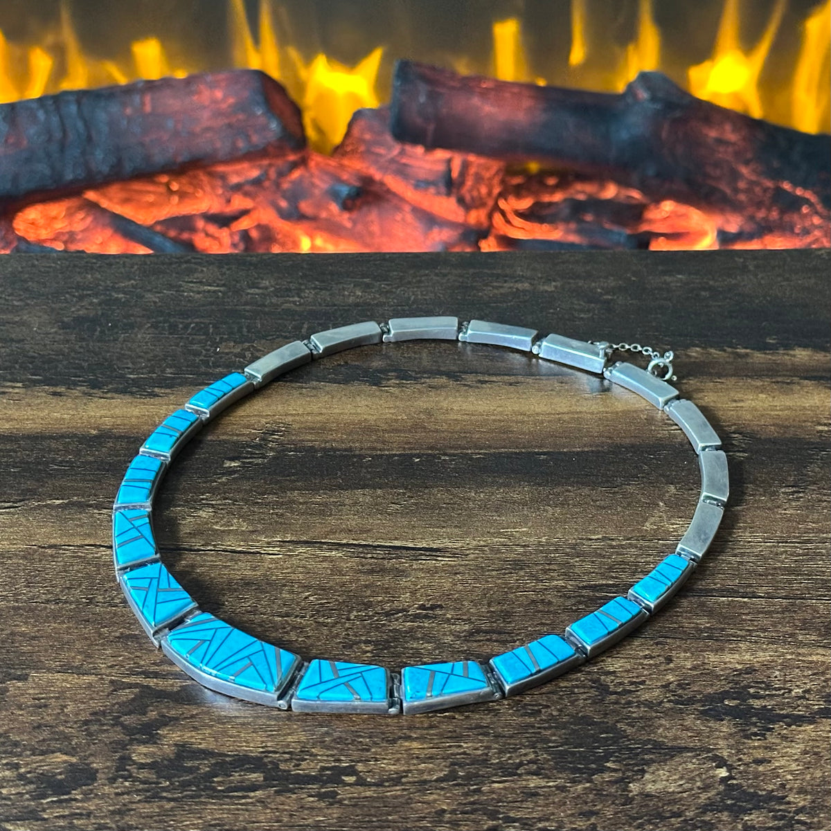 Navajo Pamela Daniels TSF Turquoise Sterling Hinged Geometric Inlay Necklace