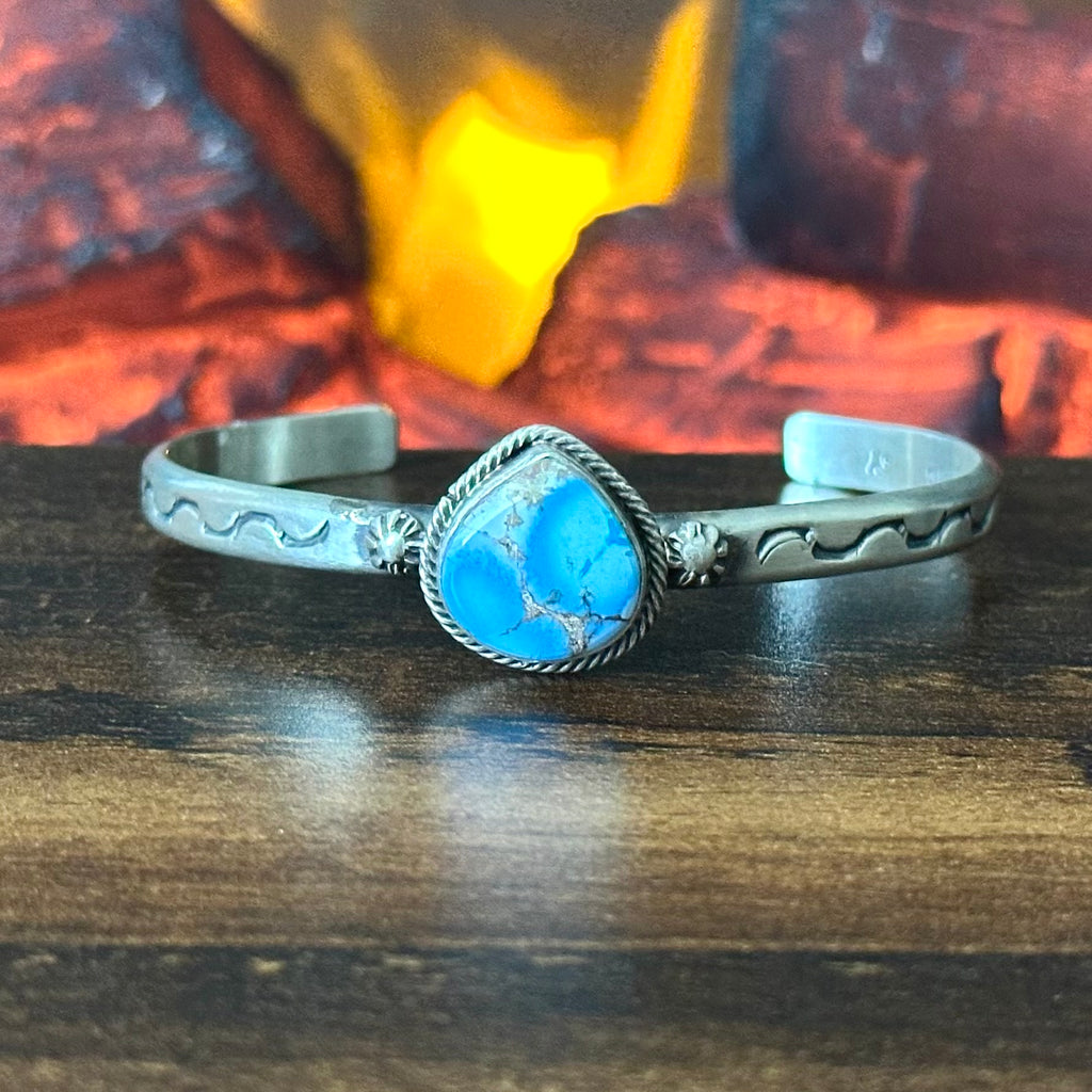Navajo Samuel Yellowhair Golden Hills Turquoise Sterling Hand Stamped Cuff
