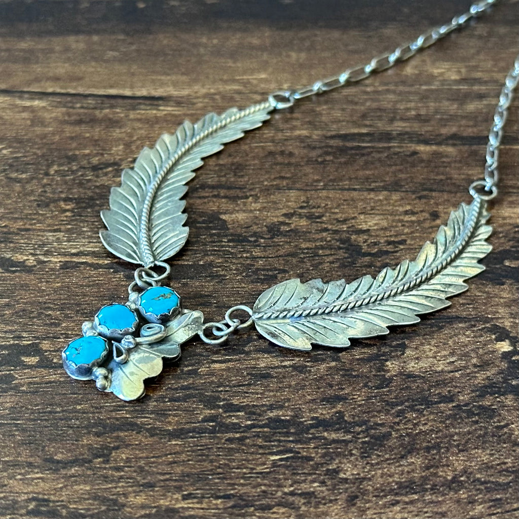 Turquoise 3 Stone Sterling Twist Wire Feather Necklace