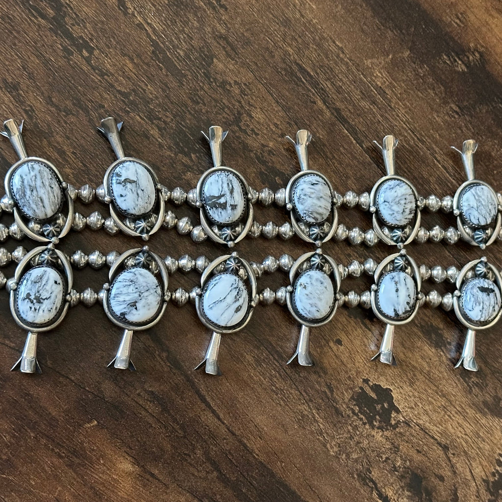 Navajo Ray Delgarito White Buffalo 18 Stone Sterling Raindrop Squash Blossom Necklace