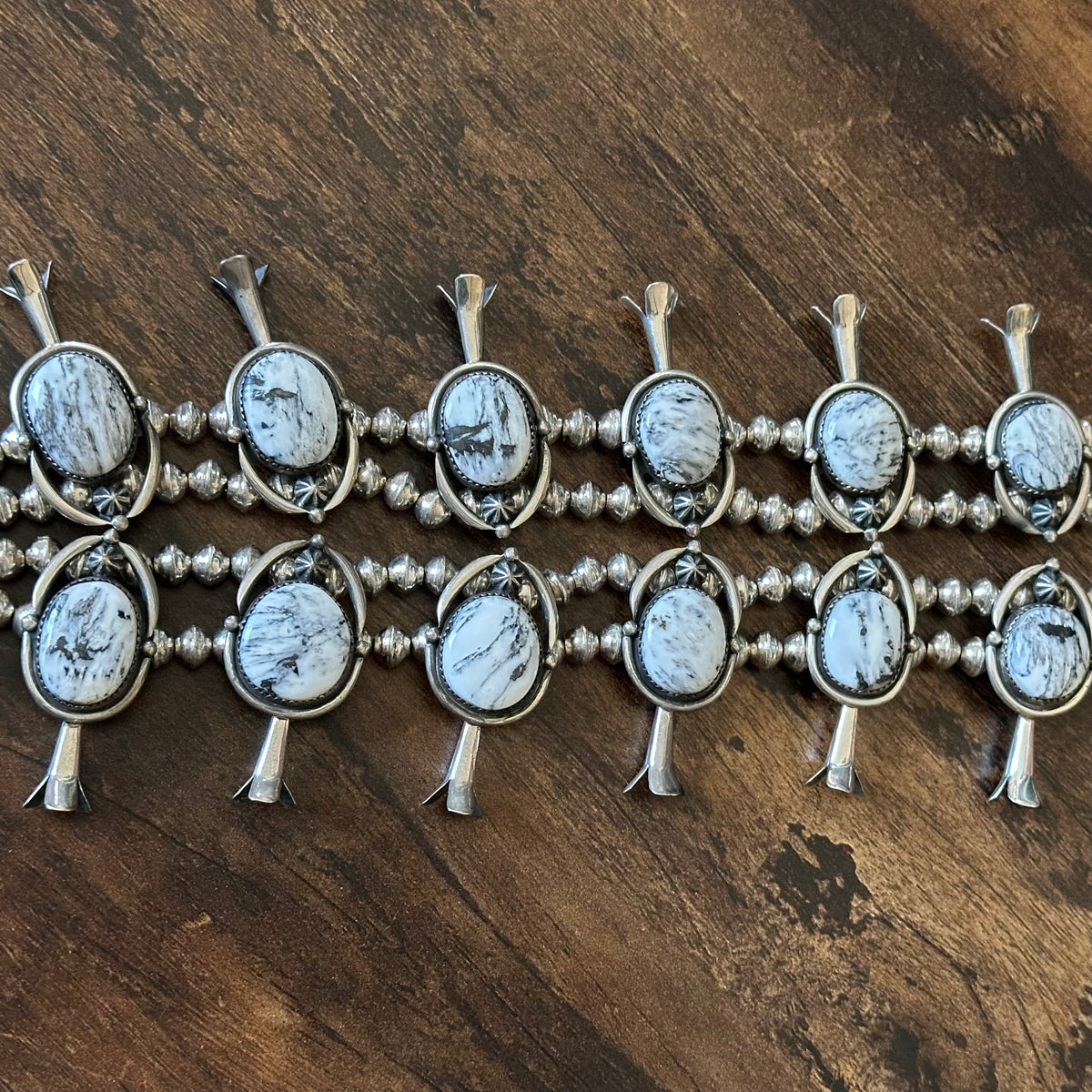 Navajo Ray Delgarito White Buffalo 18 Stone Sterling Raindrop Squash Blossom Necklace