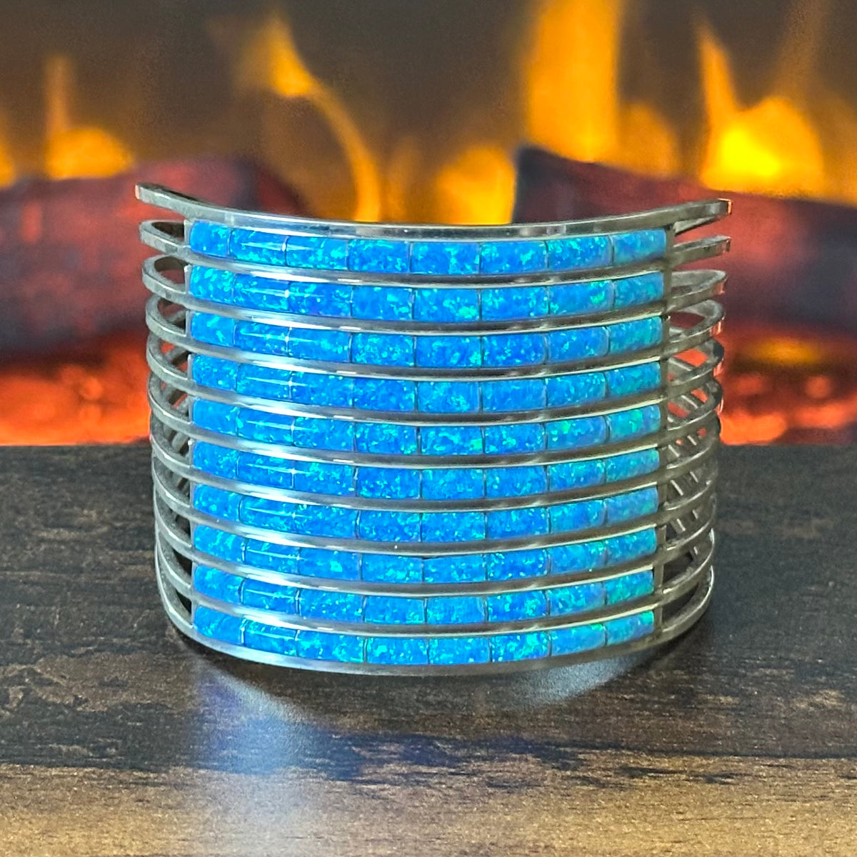 Zuni Anson & Leticia Wallace Blue Opal 80 Stone Sterling Inlay Statement Cuff