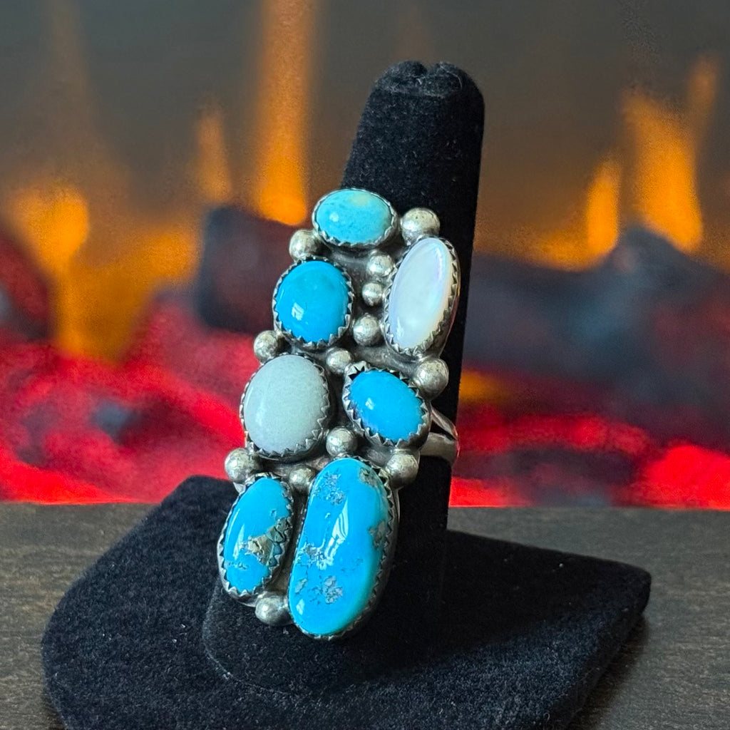 T Benally Signed Turquoise Mother of Pearl Sterling 7 Stone Cluster Raindrop Ring