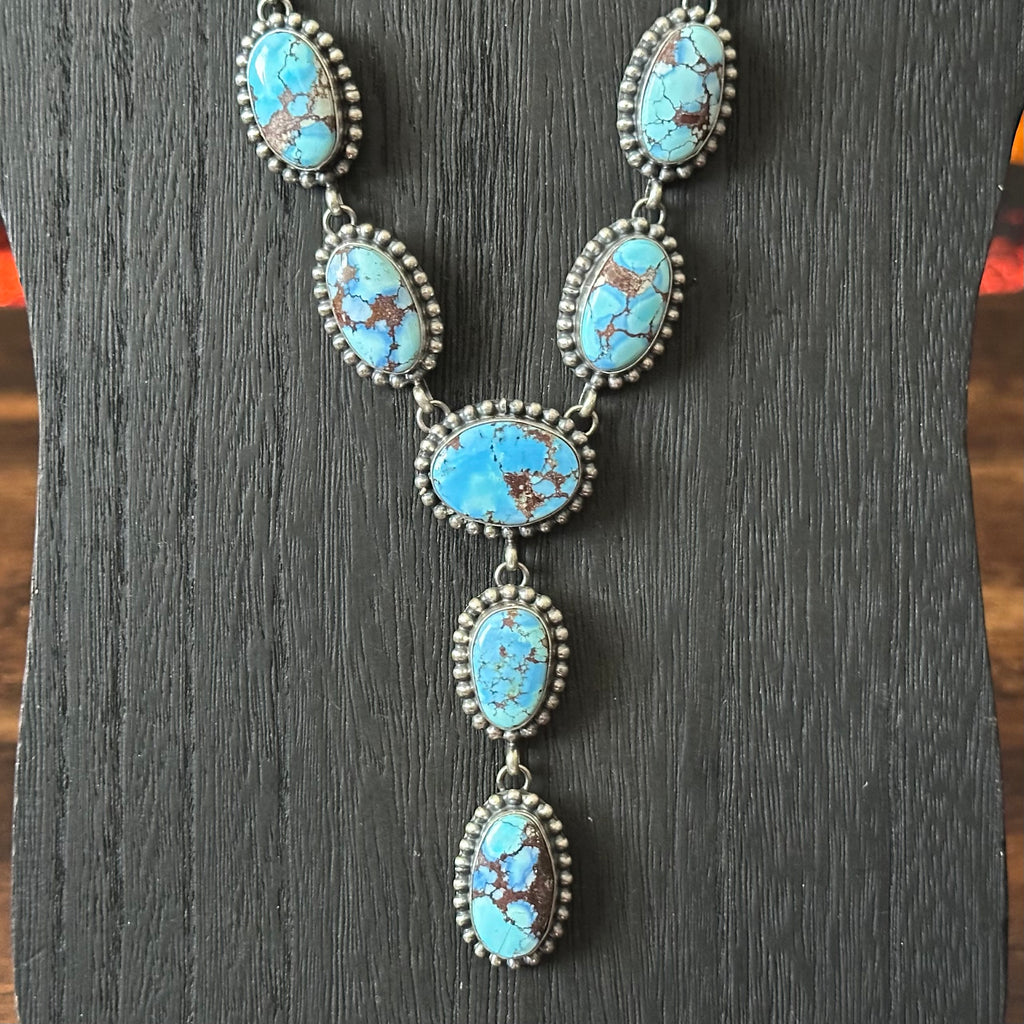 Navajo Mary Ann Spencer Golden Hills Turquoise 9 Stone Sterling Lariat Necklace Earrings Set