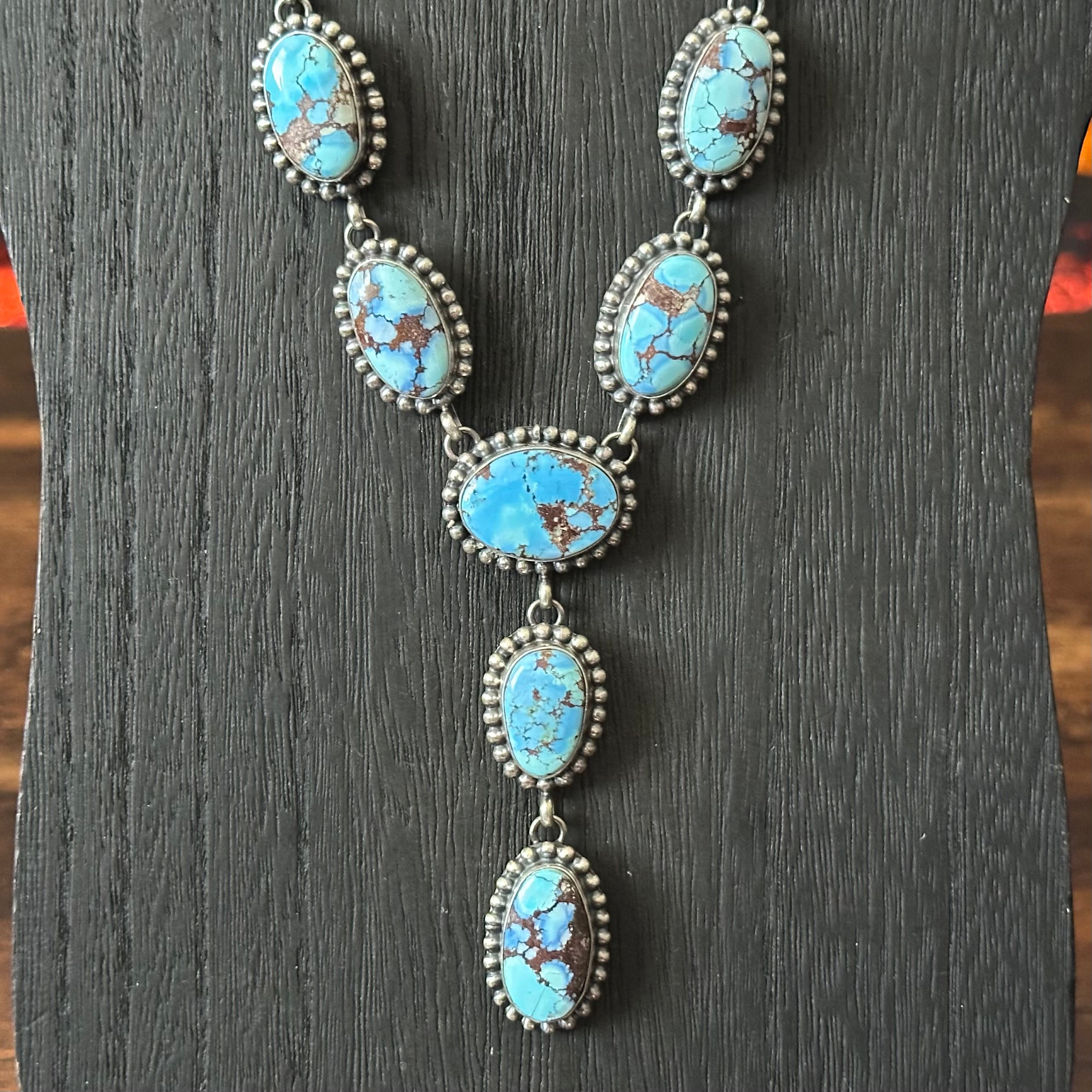Navajo Mary Ann Spencer Golden Hills Turquoise 9 Stone Sterling Lariat Necklace Earrings Set