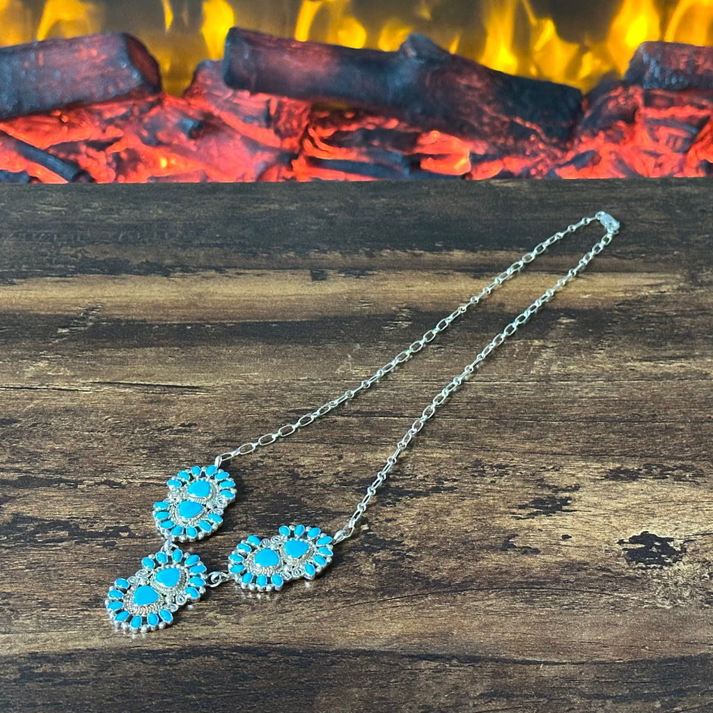 Running Bear Trading Turquoise 48 Stone Sterling Twist Wire Station Necklace