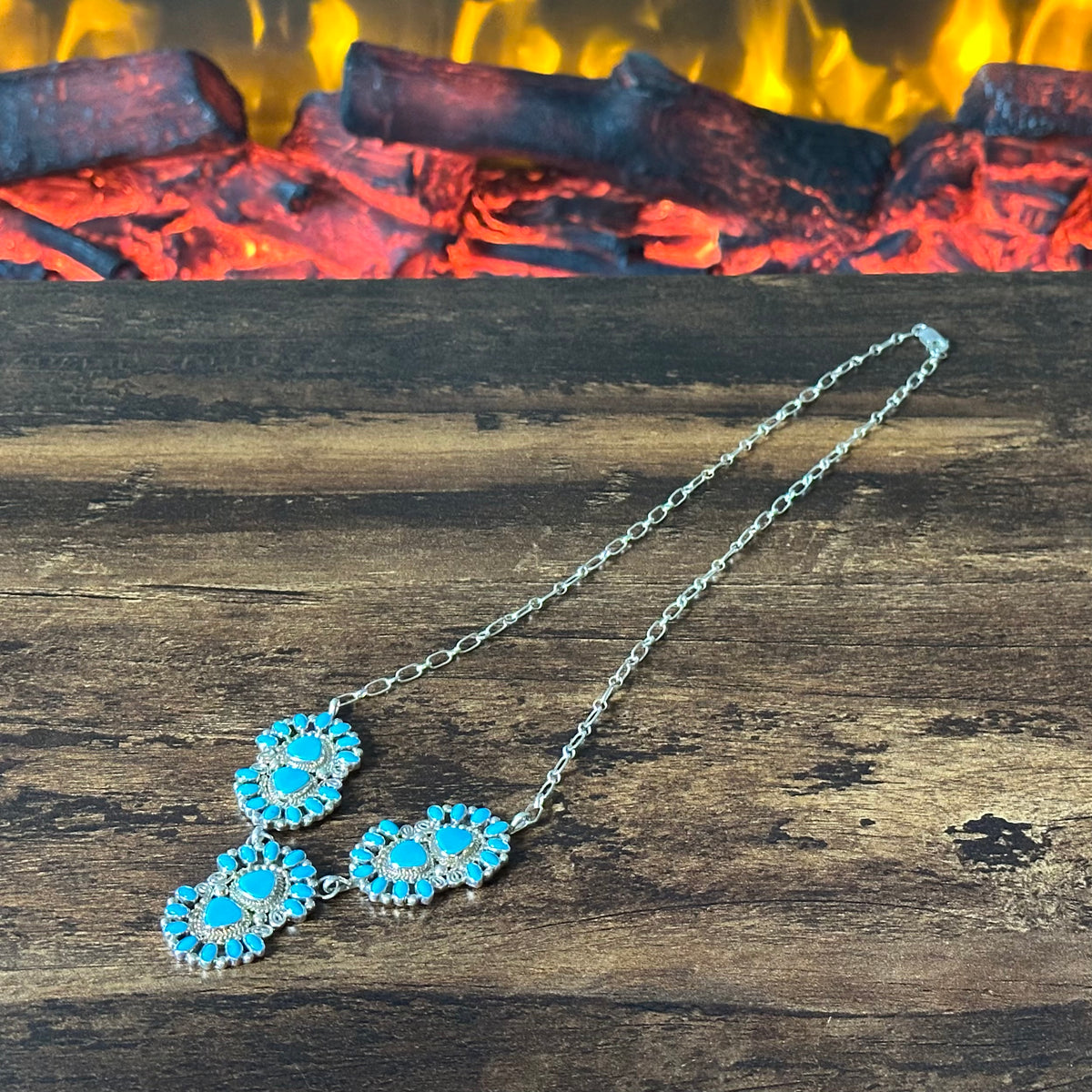 Running Bear Trading Turquoise 48 Stone Sterling Twist Wire Station Necklace