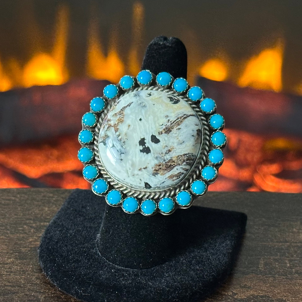 Navajo Emer Thompson White Buffalo Turquoise 24 Stone Sterling Snake Eye Statement Ring