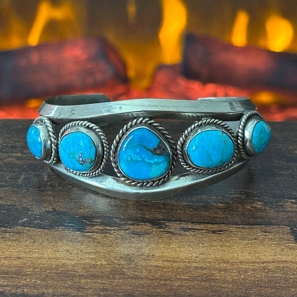 Navajo Norman Lee Turquoise 5 Stone Sterling Carinated Dual Shank Cuff