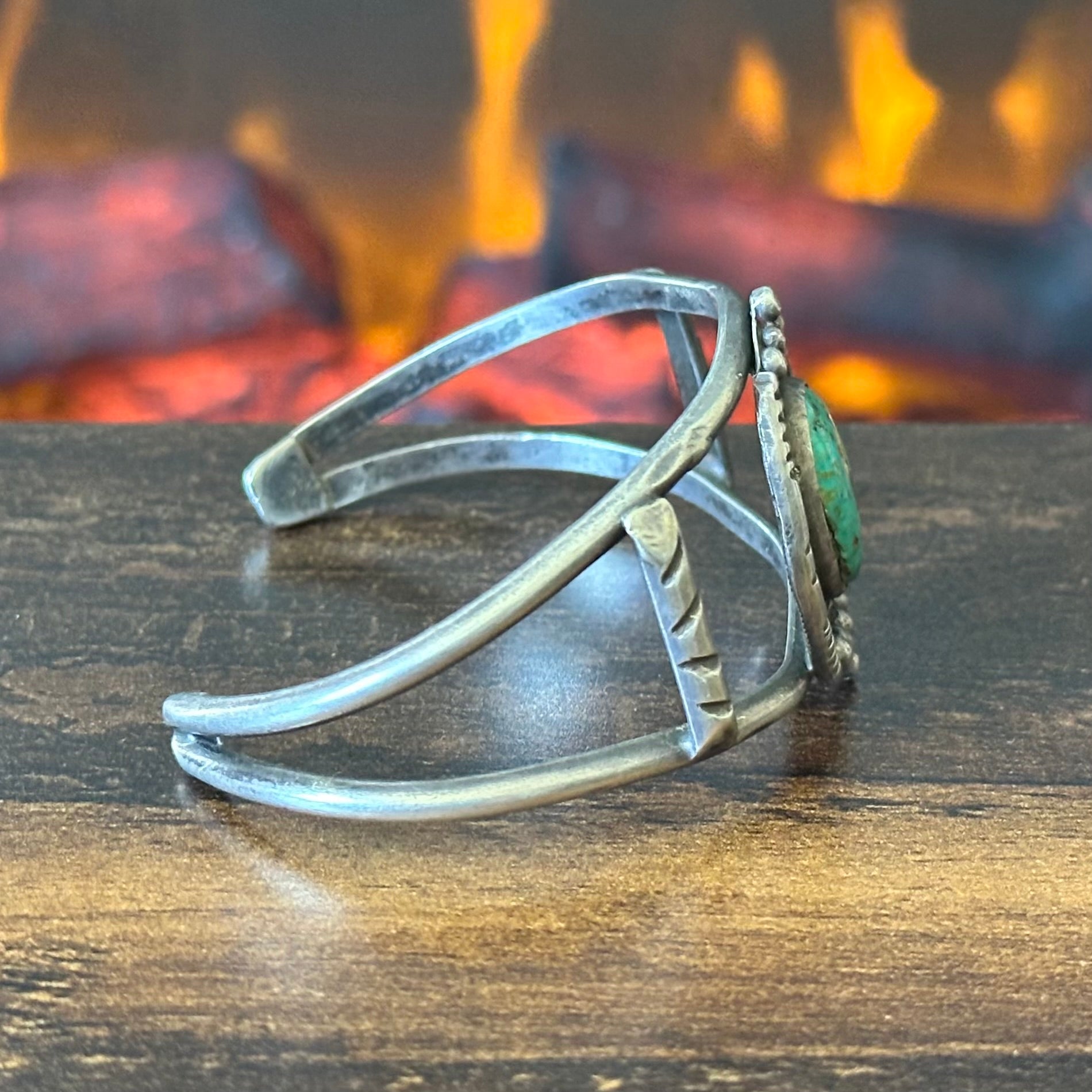 Turquoise Sterling Dual Twist Wire Bezel Hand Stamped Raindrop Cuff