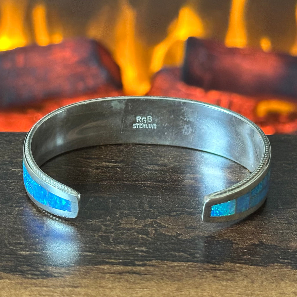 Zuni Rickell & Glendora Booqua Blue Opal Sterling Geometric Inlay Cuff