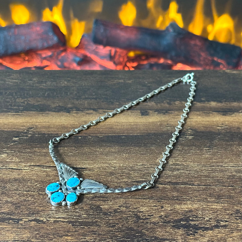 Vintage Turquoise 4 Stone Sterling Raindrop Fan Necklace