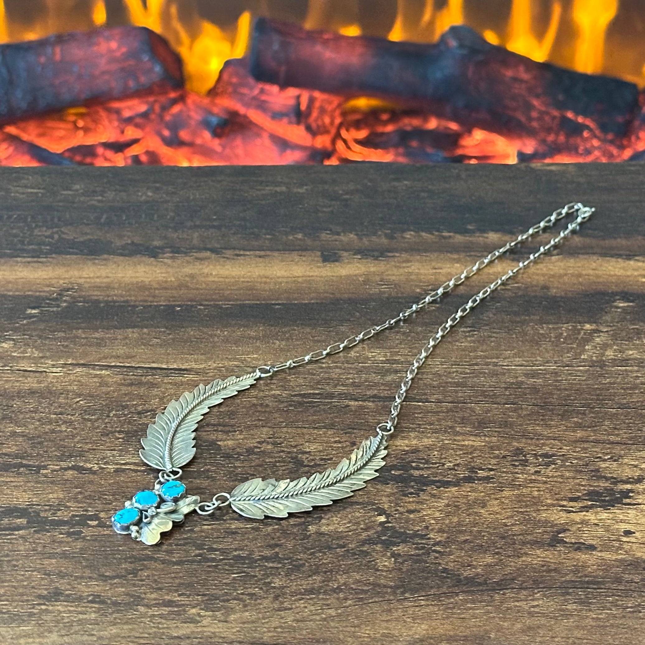 Turquoise 3 Stone Sterling Twist Wire Feather Necklace